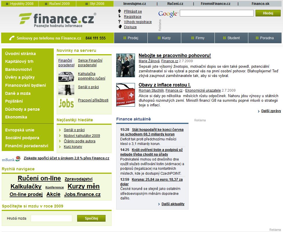 Domovská stránka Finance.cz v roce 2009