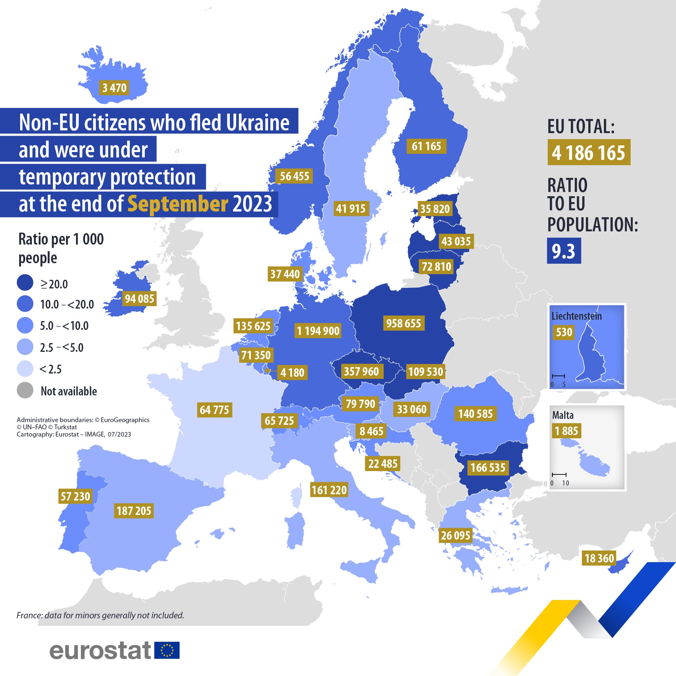 Počet uprchlíků s dočasnou ochranou v zemích EU v přepočtu na 1 000 obyvatel