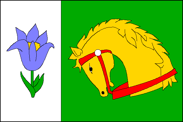 Zelený list s bílým svislým žerďovým pruhem o šířce jedné třetiny délky listu. V zeleném poli žlutá koňská hlava s krkem, červenou ohlávkou a uzdou. V bílém pruhu květ koniklece přirozených barev. Poměr šířky k délce listu je 2:3.