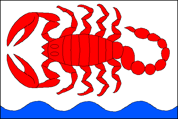 Na bílém listu červený štír hlavou k žerdi, při dolním okraji modrý vlnitý pruh v šířce jedné sedminy šířky praporu. Poměr šířky k délce listu je 2:3.