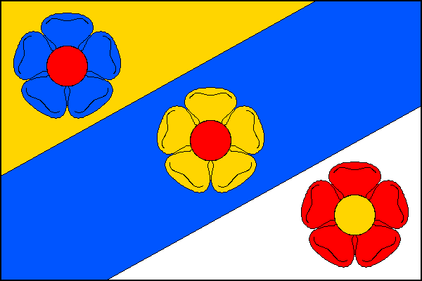 List dělený šikmým modrým pruhem širokým jednu třetinu délky listu na žluté žerďové a bílé vlající pole. V žerďovém poli modrá růže s červeným semeníkem, v modrém pruhu žlutá růže s červeným semeníkem, ve vlajícím poli červená růže se žlutým semeníkem. Po