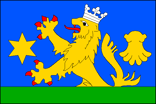 Modrý list se zeleným vodorovným pruhem na dolním okraji, širokém jednu šestinu šířky listu, ze kterého vyniká žlutý, bíle korunovaný lev s červenou zbrojí, provázený v žerďové části žlutou šesticípou hvězdou a ve vlající části žlutou svatojakubskou mušlí