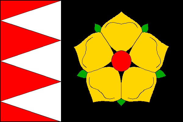 List tvoří červený žerďový pruh široký jednu třetinu délky listu a černé pole. V červeném pruhu tři bílé vlající klíny s vrcholy na žerďovém okraji, v černém poli žlutá růže s červeným semeníkem a zelenými kališními lístky. Poměr šířky k délce listu je 2: