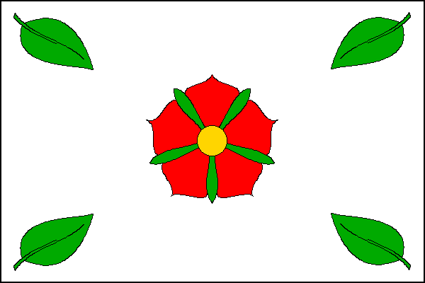 Bílý list s červenou růží. V rozích a cípech po jednom zeleném bukovém listu směřujícím do středu listu. Poměr šířky k délce listu je 2:3.
