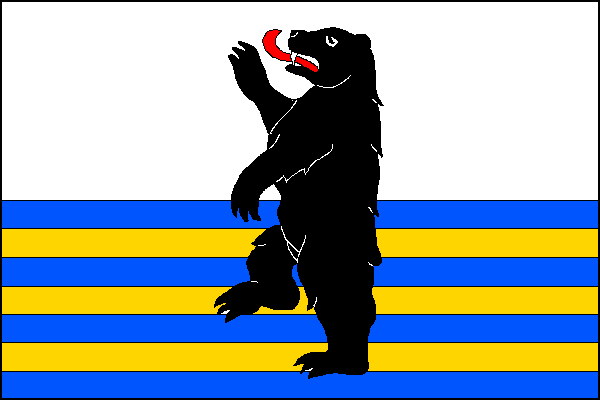 List tvoří vodorovné pruhy, bílý a sedm střídavě modrých a žlutých, v poměru 7:1:1:1:1:1:1:1. Ve střední části listu černý medvěd ve skoku s červeným jazykem. Poměr šířky k délce je 2:3.