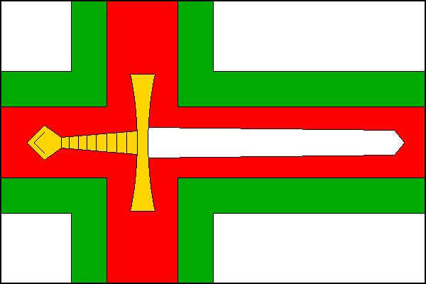 Bílý list s červeným, zeleně lemovaným křížem. Ramena kříže jsou široká jednu čtvrtinu šířky listu, lem je široký jednu osminu šířky listu. V kříži bílý meč se žlutým jílcem hrotem k vlajícímu okraji. Poměr šířky k délce listu je 2:3.