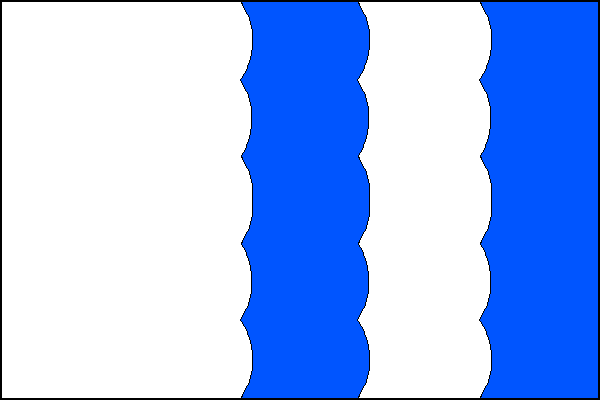 Bílý list s modrým svislým středovým oboustranně vlnkovitým pruhem a modrým svislým vlnkovitým pruhem na vlajícím okraji. Šířka každého pruhu a mezery mezi nimi je jednou pětinou délky listu. Poměr šířky k délce listu je 2:3.