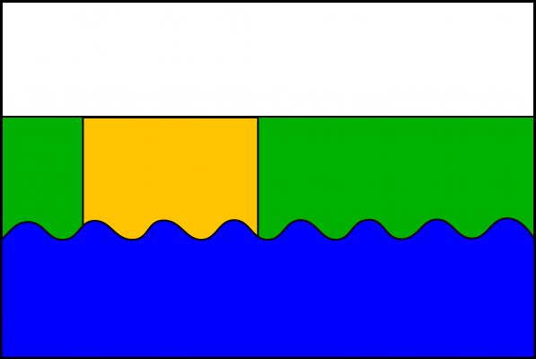 List tvoří tři vodorovné pruhy, bílý, zeleno-žluto-zeleně polcený, v poměru 1 : 2 : 3, a zvlněný modrý. Poměr šířky k délce listu je 2 : 3.