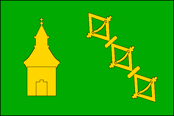 Zelený list, v žerďové polovině čelně postavená kaple s věží zakončenou křížkem, ve vlající polovině kosmo tři spojené kosočtvercové přezky, vše žluté. Poměr šířky k délce listu je 2:3.