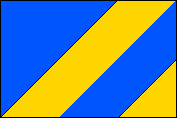 Modrý list se žlutým šikmým pruhem, vycházejícím z první třetiny dolního okraje do třetí třetiny horního okraje listu, a žlutým vlajícím trojúhelníkovým polem s vrcholy v polovině vlajícího okraje a ve druhé třetině dolního okraje. Poměr šířky k délce lis