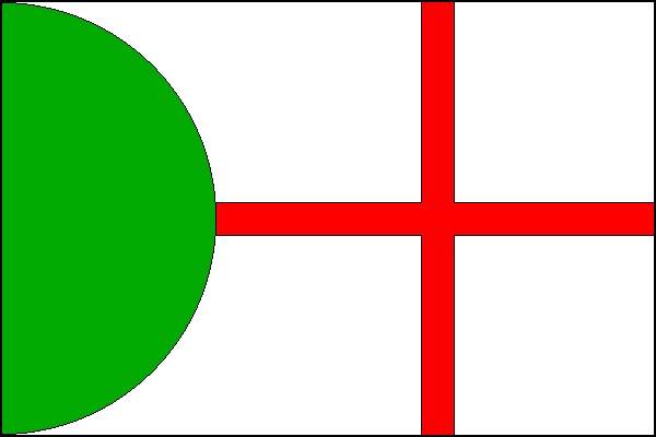 Bílý list se zeleným žerďovým půlkruhovým polem a červeným křížem se středem ve druhé třetině délky listu s rameny širokými jednu desetinu šířky listu. Poměr šířky k délce listu je 2:3.