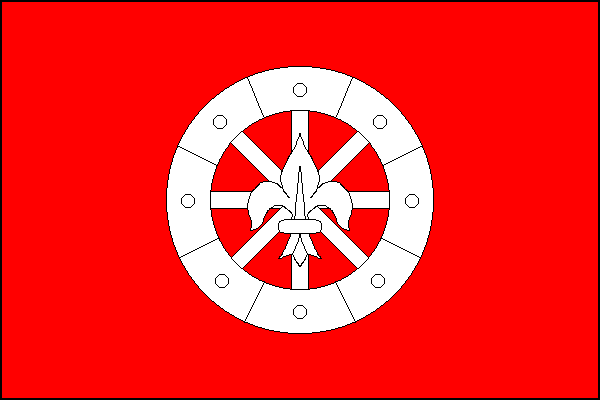 Červený list s vozovým kolem s osmi loukotěmi a lilií ve středu, vše bílé. Poměr šířky k délce listu je 2:3.
