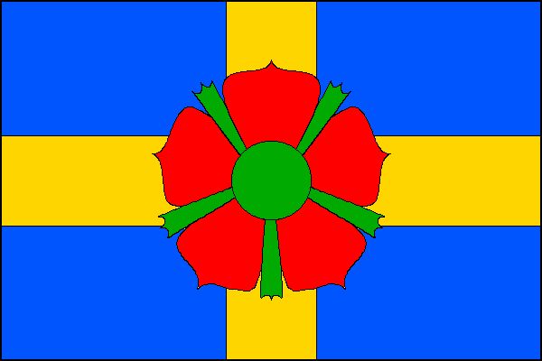 Modrý list se žlutým středovým křížem s rameny širokými jednu šestinu délky listu. Uprostřed listu červená růže se zeleným semeníkem a kališními lístky, o průměru rovném polovině šířky listu. Poměr šířky k délce listu je 2:3.