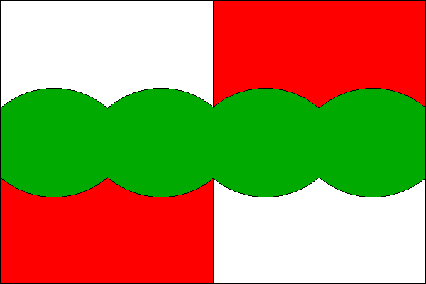 Bílo-červeně čtvrcený list. Uprostřed zelený vodorovný řetězový pruh se čtyřmi oblouky široký jednu čtvrtinu šířky listu. Poměr šířky k délce listu je 2:3.