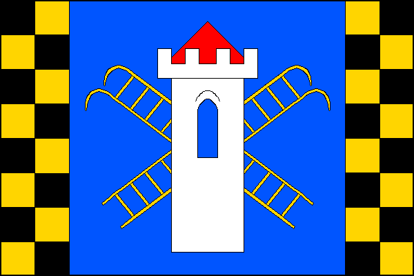 List tvoří tři svislé pruhy, černo-žlutě šachovaný (8x2), modrý a žluto-černě šachovaný (8x2), v poměru 1:4:1. V modrém pruhu bílá věž s cimbuřím, červenou stanovou střechou a černým půlkruhovým oknem, podložená dvěma zkříženými žlutými hradebními žebříky