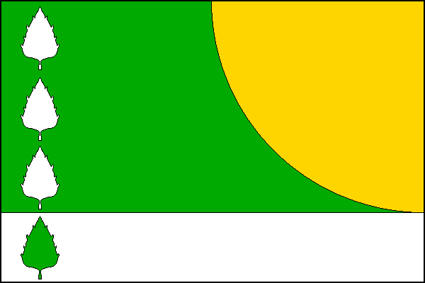 List tvoří dva vodorovné pruhy, zelený a bílý v poměru 3:1. U žerďového okraje pod sebou čtyři vztyčené březové listy opačných barev. V horním cípu žluté čtvrtkruhové pole o poloměru rovném třem čtvrtinám šířky listu. Poměr šířky k délce listu je 2:3.