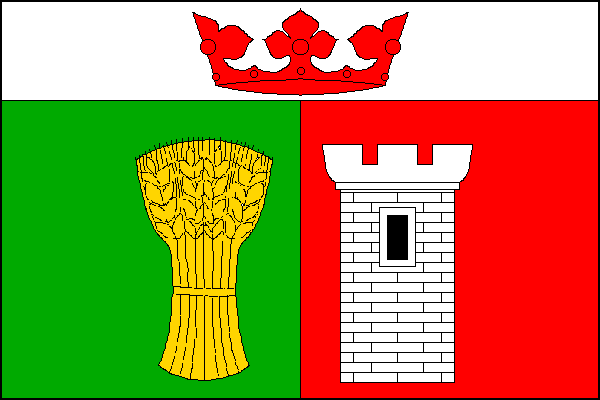List tvoří bílý vodorovný pruh široký jednu čtvrtinu šířky listu a dva svislé pruhy zelený a červený. V bílém pruhu červená koruna, v zeleném u středu žlutý obilný snop, v červeném u středu bílá kvádrovaná věž s cimbuřím a jedním černým oknem. Poměr šířky