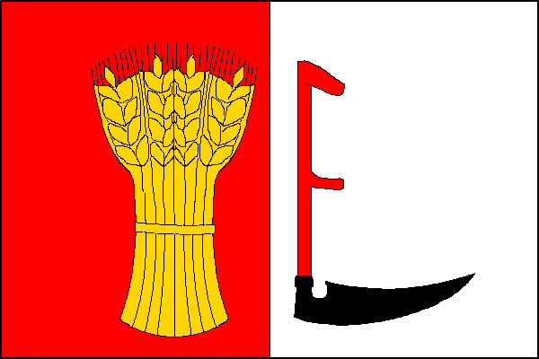 List tvoří dva svislé pruhy, červený a bílý. Ve střední části listu v červeném pruhu žlutý obilný snop a v bílém pruhu černá dolů obrácená kosa hrotem k vlajícímu okraji na červeném kosišti. Poměr šířky k délce listu je 2:3.
