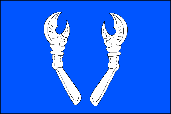 Modrý list se dvěma bílými vztyčenými račími klepety. Poměr šířky k délce listu je 2:3.