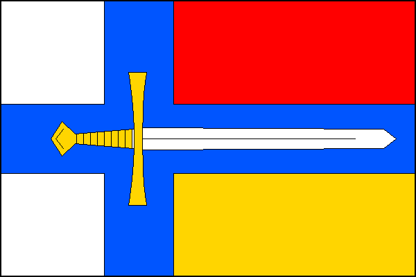List s modrým křížem s rameny širokými jednu čtvrtinu šířky listu. Žerďová pole bílá, horní vlající pole červené, dolní vlající pole žluté. V kříži bílý meč se žlutým jílcem hrotem u vlajícího okraje. Poměr šířky k délce listu je 2:3.