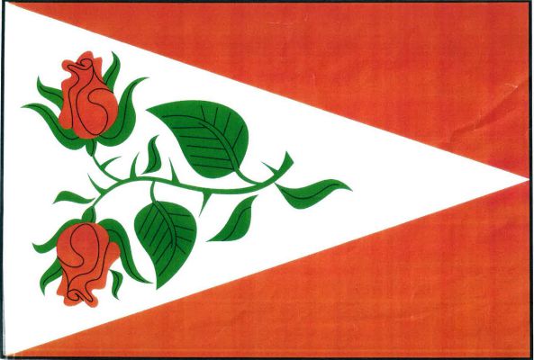 Červený list s žerďovým bílým klínem s vrcholem na vlajícím okraji listu. V klínu položena přirozená růže se dvěma červenými květy na zeleném stonku s listy. Poměr šířky k délce listu je 2 : 3.