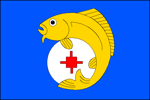 Modrý list uprostřed se žlutou rybou obtáčející bílý mlýnský kámen s červenou kypřicí. Poměr šířky k délce listu je 2:3.