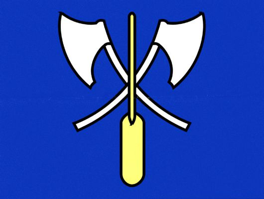 Modrý list se dvěma zkříženými bílými sekerami-bradaticemi přeloženými postaveným žlutým veslem. Poměr šířky k délce listu je 2 : 3.