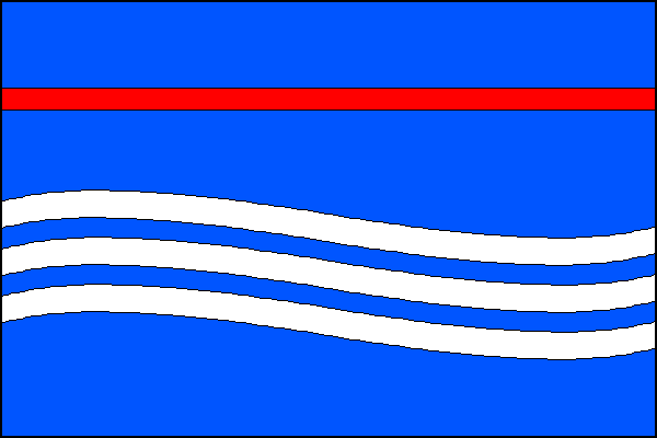 Modrý list s vodorovným červeným pruhem o šířce 1/20 šířky listu vzdáleným 1/5 od horního okraje listu. Ve středu zbývajícího dolního modrého pole tři bílé vlnité pruhy o jednom vrcholu a jedné prohlubni, pruhy i mezery mezi pruhy jsou široké 1/20 šířky l