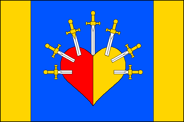 List tvoří tři svislé pruhy, žlutý, modrý a žlutý, v poměru 1:4:1. V modrém pruhu červeno-žlutě polcené srdce se sedmi vějířovitě zabodnutými bílými meči se žlutými jílci. Poměr šířky k délce listu je 2:3.