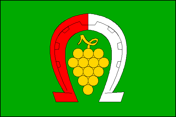 Zelený list s červeno-bíle polcenou podkovou, v ní žlutý vinný hrozen. Poměr šířky k délce listu je 2:3.