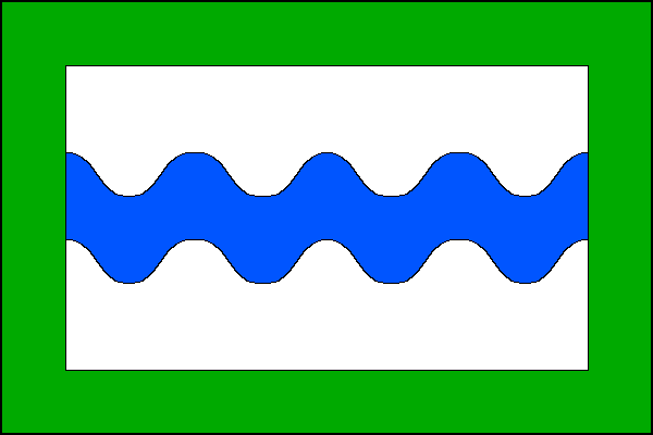 Bílý list se zeleným lemem širokým jednu desetinu délky listu. V bílém poli vodorovný vlnitý pruh s pěti vrcholy a čtyřmi prohlubněmi široký jednu pětinu šířky listu. Poměr šířky k délce listu je 2:3.