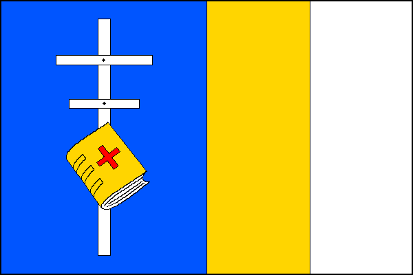 List tvoří tři svislé pruhy, modrý, žlutý a bílý, v poměru 2:1:1. V modrém pruhu bílý dvojramenný kříž s delším horním ramenem, dole kosmo přeložený žlutou knihou s červeným řeckým křížem a bílou ořízkou. Poměr šířky k délce listu je 2:3.