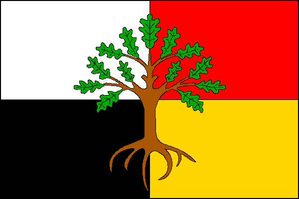Čtvrcený list, horní žerďové pole bílé, dolní žerďové černé, horní vlající pole červené, dolní vlající žluté. Na středu hnědý vykořeněný strom se zelenými listy. Poměr šířky k délce listu je 2:3.