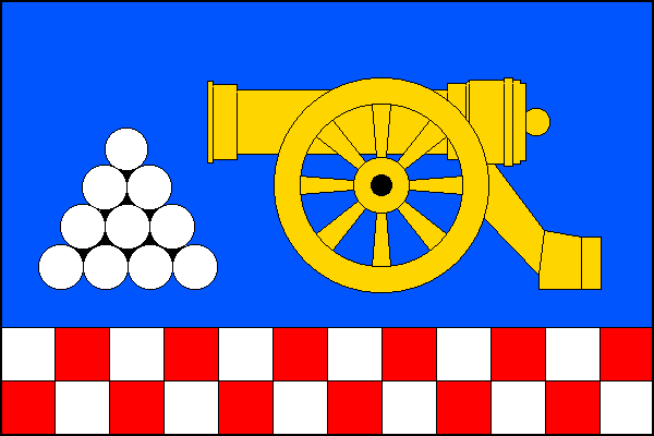 List tvoří dva vodorovné pruhy v poměru 3:1. Horní modrý má ve vlající části žluté dělo s hlavní směrem k hromadě deseti (1+2+3+4) bílých dělových koulí v žerďové části. Dolní pruh tvoří dvacet čtyři čtvercových polí ve dvou vodorovných řadách, střídavě b