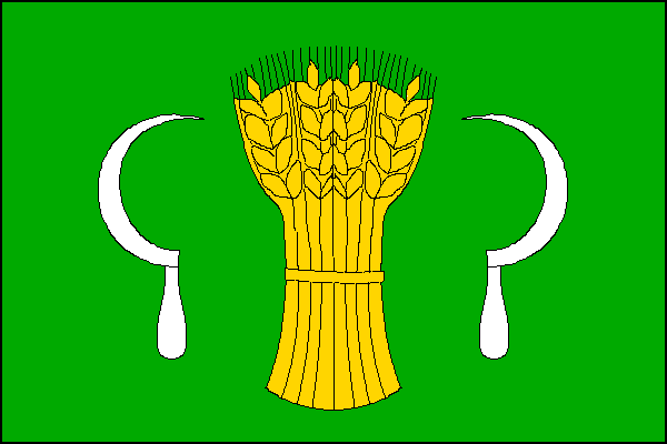 Zelený list uprostřed se žlutým obilným snopem mezi dvěma bílými přivrácenými srpy. Poměr šířky k délce listu je 2:3.