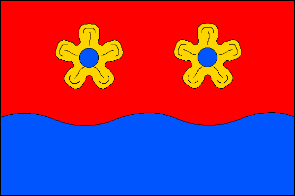 List tvoří dva vodorovné pruhy, červený a zvlněný modrý, v poměru 3:2. V červeném pruhu dva žluté pětilisté luční květy s modrými středy. Modrý pruh má tři vrcholy a dvě prohlubně. Poměr šířky k délce listu je 2:3.
